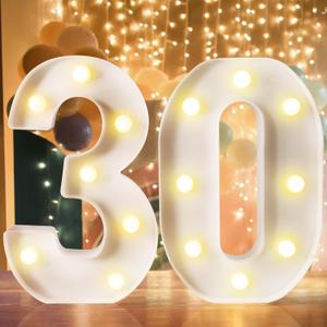 8.7In 30th Birthday Decorations Gifts for Women Men, Light Up Number Decorative Sign for 30th Birthday Wedding Work Anniversary Backdrop Table Wall Decor(Warm White)