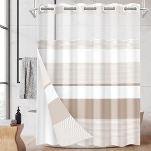 No Hook Beige Shower Curtain with Snap in Fabric Liner Set, Boho Striped Modern Double Layers Waterproof Fabric with See Through Top Window Open Grommet Bath Curtain 71x74 Inch