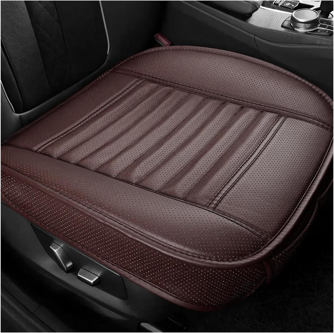 Sun Walker Car Seat Bottom Cover, Anti-Slip Bamboo Charcoal Leather Auto Front Seat Cushion with Pockets, Breathable Full Wrapped Bottom Seats Protective Cover for Sedan SUV Truck (Coffee)
