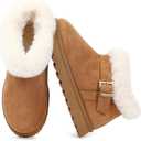 Goldnut Winter Mini Boots for Women: Faux Fur Lining Ankle Snow Booties With Fluffy Trim and Buckle Decor Warm Slip On Comfort Shoes 5.5