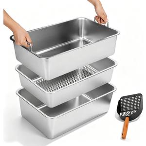 Triple-Tier Stainless Steel Sifting Cat Litter Box, Extra Large 23.6" x 15.7" High Shield Litter Pan with Dual Handles, Non-Stick Easy Clean Cat Box for Large Breeds & Multi-Cat Households