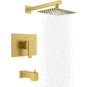 KENES Brushed Gold Tub and Shower Trim Kit, Square Tub Shower Faucet Set Complete with 10-Inch Rainfall Shower Head and Tub Spout, KE-6024A-4 (Shower Valve Included)