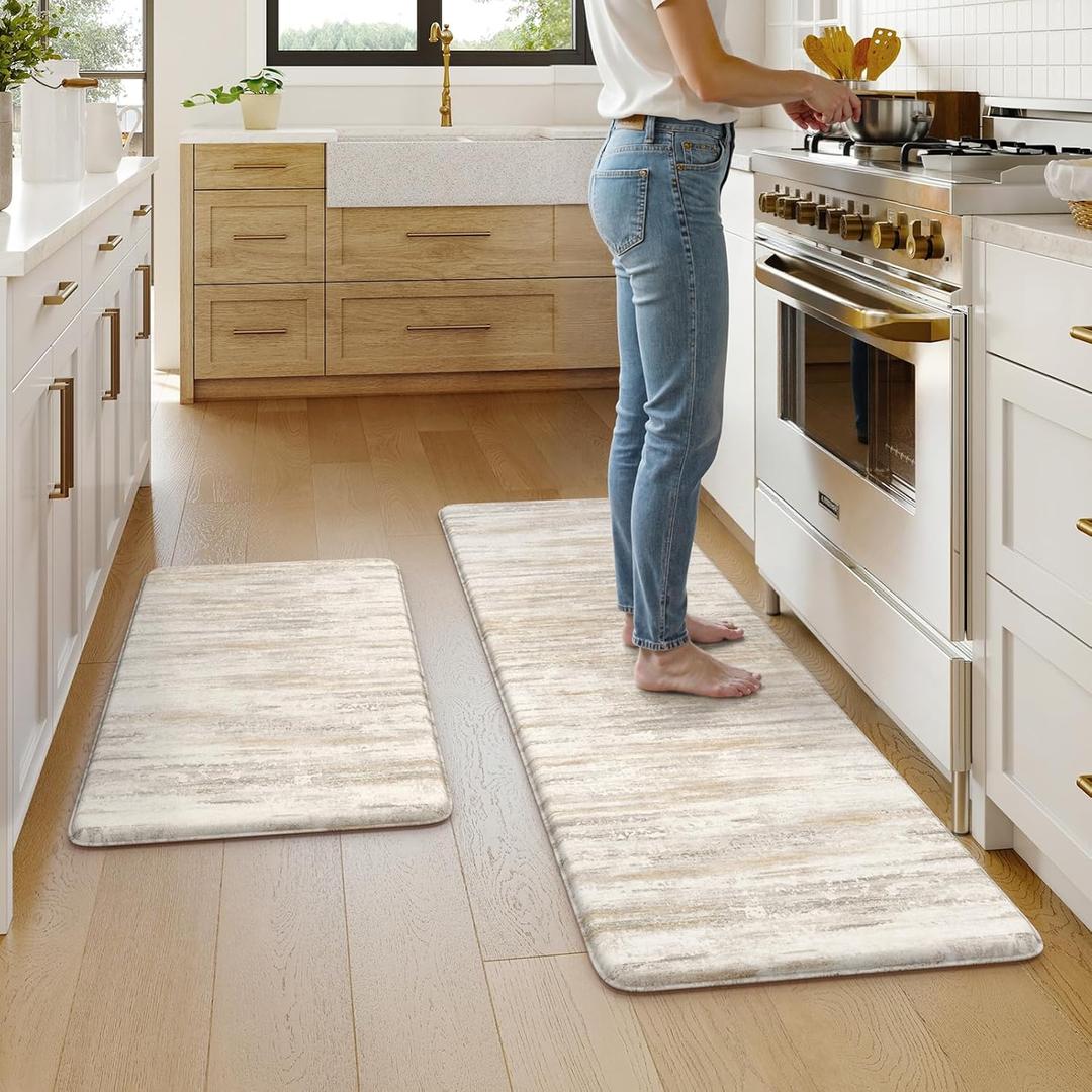 KIMODE Anti Fatigue Kitchen Mats for Floor, Farmhouse Brown Kitchen Rugs Sets of 2, Summer Cushioned Kitchen Floor Mats, Comfort Standing Mats for Sink Laundry Office Desk 20"x59"+20"x32" (Light Brown/Multi)