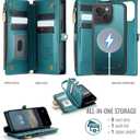 Defencase for iPhone 15 Magnetic Wallet Case Compatible with Magsafe with RFID Blocking Zipper & Card Holder for Women Men, PU Leather Strap Detachable Phone Case for iPhone 15 (6.1 inch), Blue Green