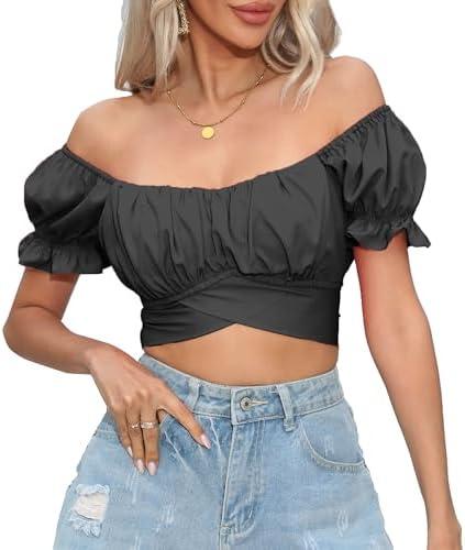 COOUFE Women's Crop Tops Ruffle Short Sleeve Tie Back Summer Off Shoulder Top Blouse, M