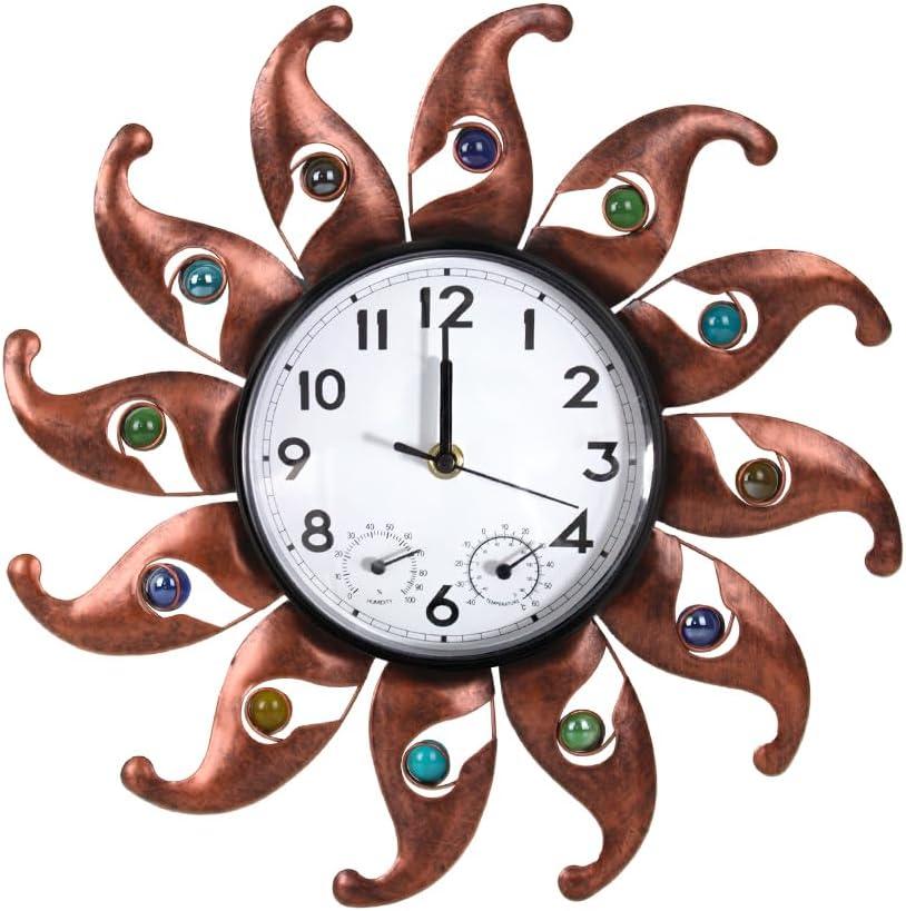 Sun Outdoor Clock Silent Non-Ticking, Outdoor Wall Clock with Thermometer & Humidity Combo Outside Clocks for Patio, Garden, Home Decor