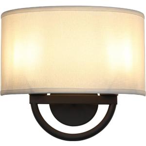 Industrial 2-Lights Wall Sconce Fixture with White Fabric Shade, Double Arm Wall Light Lamps Decor for Hallway Bedroom Living Room Bathroom Stairway (Black)