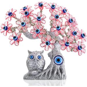 YU FENG 7.4'' Turkish Blue Evil Eye Tree Feng Shui Owl Decorative Showpiece for Protection, Good Luck & Prosperity (Pink Flowers) - Christmas Decor
