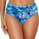 Tempt Me Women Blue Leaves Mid Rise Bikini Bottoms Full Coverage Swimsuit Ruched Scrunch Swim Bottom M