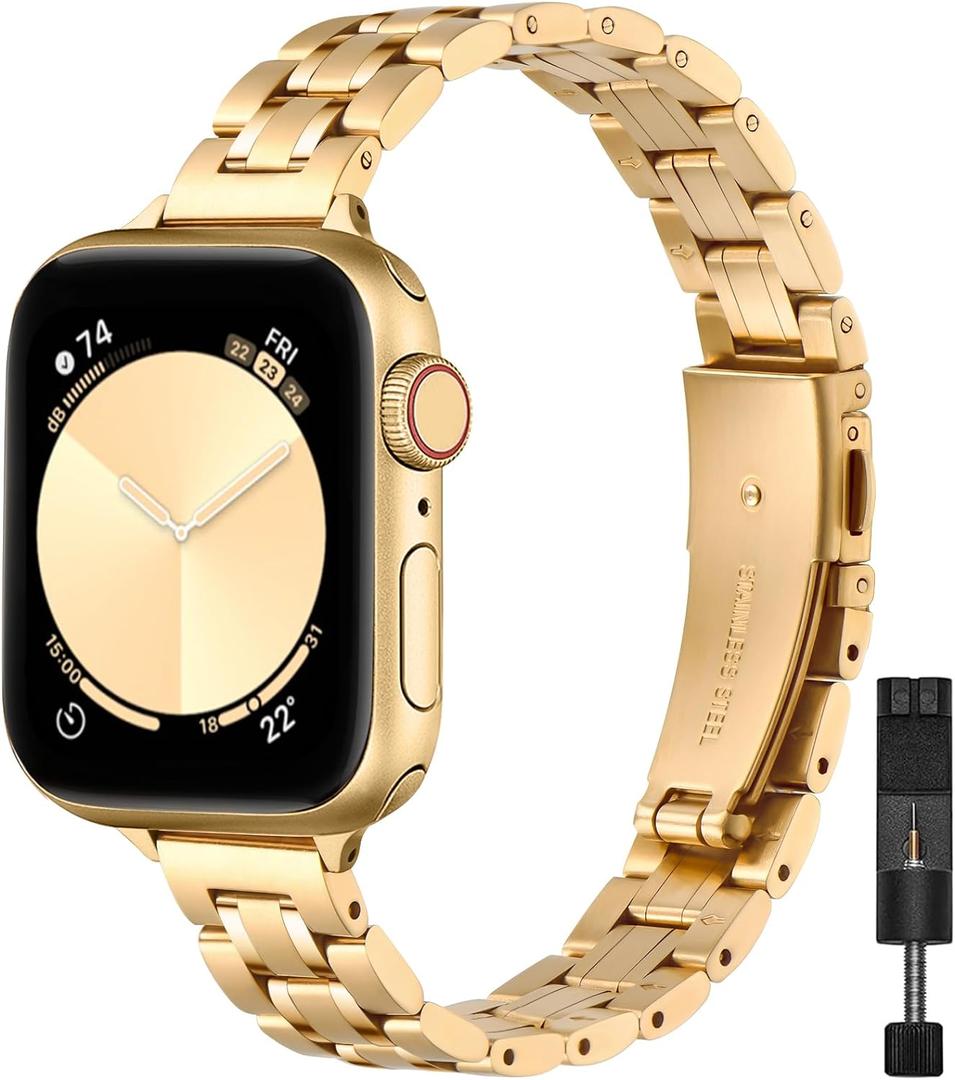 STIROLL Thin Replacement Band Compatible for Apple Watch, Stainless Steel Metal Wristband Women Men for iWatch Ultra SE Series 10/9/8/7/6/5/4/3/2/1, Gold, Size: 38mm/40mm/41mm/42mm(Series 10)
