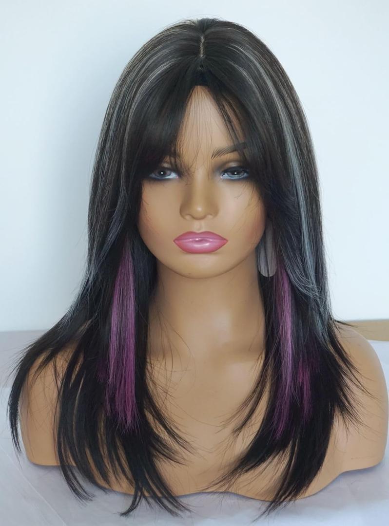 Layered Wigs for white women black white with purple wig medium length wigs for women Synthetic wig for white Women (Black white purple)
