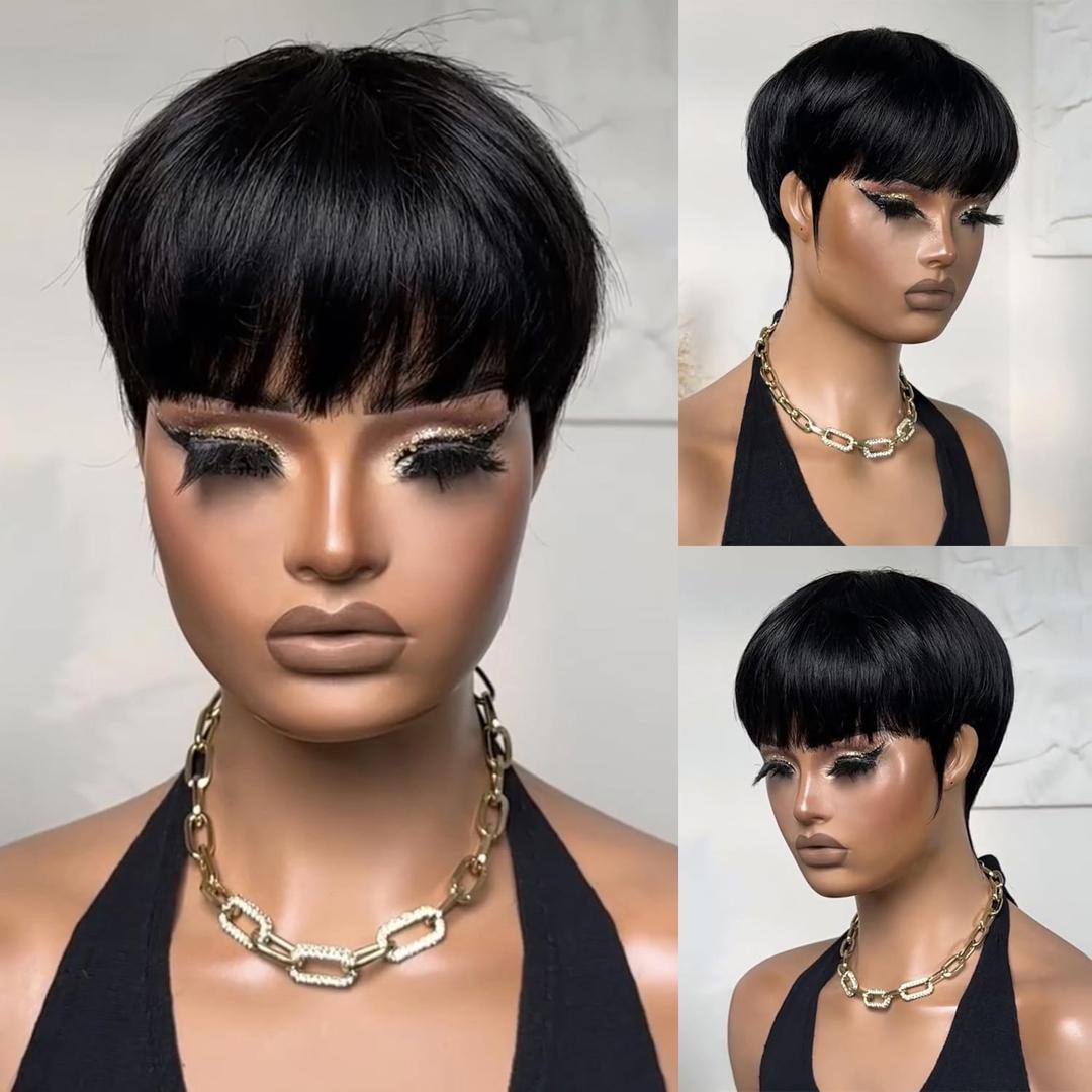 Short Wigs Pixie Cut Wig for black women Human Hair Natural Black Straight Human Hair Wig with Bangs Short layered Wave Glueless No lace front full machine made Bob Wig (1B#)