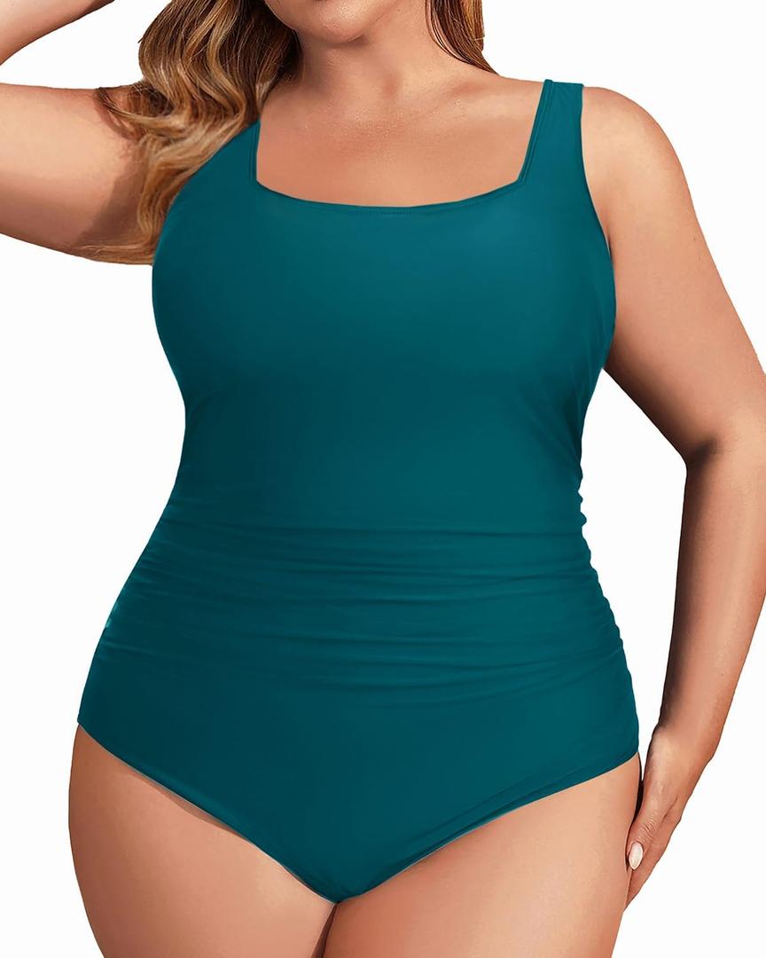 Daci Women's Plus Size One Piece Swimsuit - Tummy Control Athletic Bathing Suit with Square Neck (Teal, 18W) Daci Women's Plus Size One Piece Swimsuit - Tummy Control Athletic Bathing Suit with Square Neck (Teal, 18W)