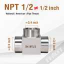 NPT 1/2 tee pipe fitting female thread 3 ways T adapter, stainless steel hose fitting tee t shape pipe connector for outdoor irrigation setup/pressure gauge, 4350 psi