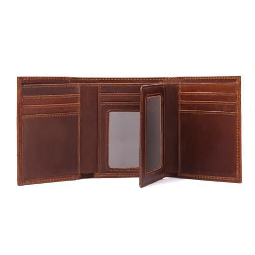 WULOUJIE Mens Trifold Wallet with 2 ID Window，Large-capacity Genuine Leather RFID Blocking Wallet for Men (Brown)
