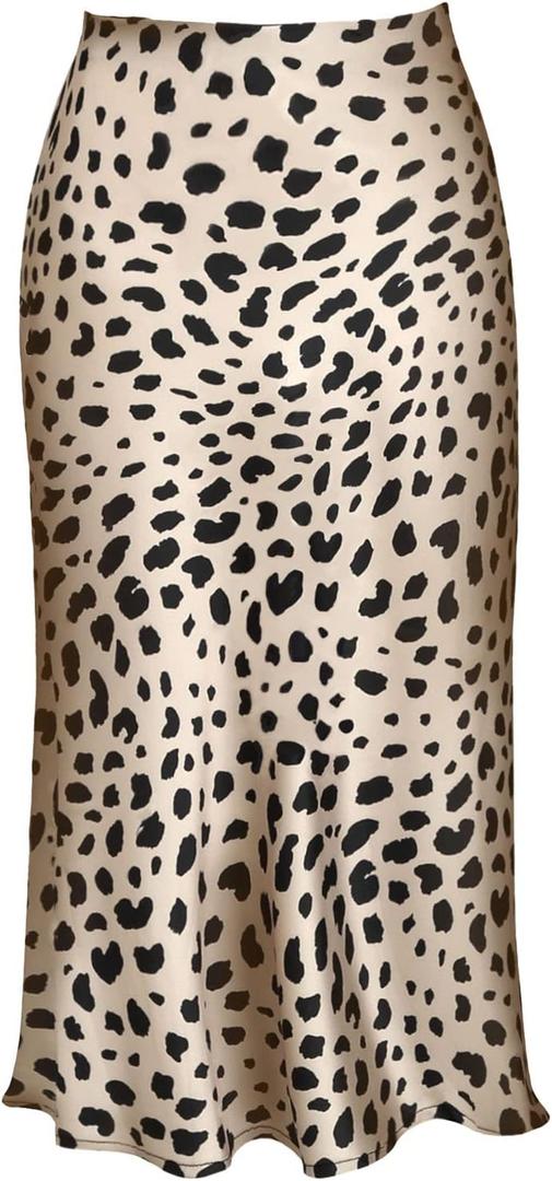 Womens Leopard Print Skirt Trendy Summer Midi Long Length Silk Satin High Waist Elastic Skirts M