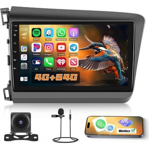 4G+64G Car Radio Stereo for Honda Civic 2012 2013 2014 2015with Wireless Carplay Android Auto DSP, Android 13, 9 inch 1280 * 720 Touch Screen Bluetooth 5.0 Car Radio GPS WiFi Backup Camera