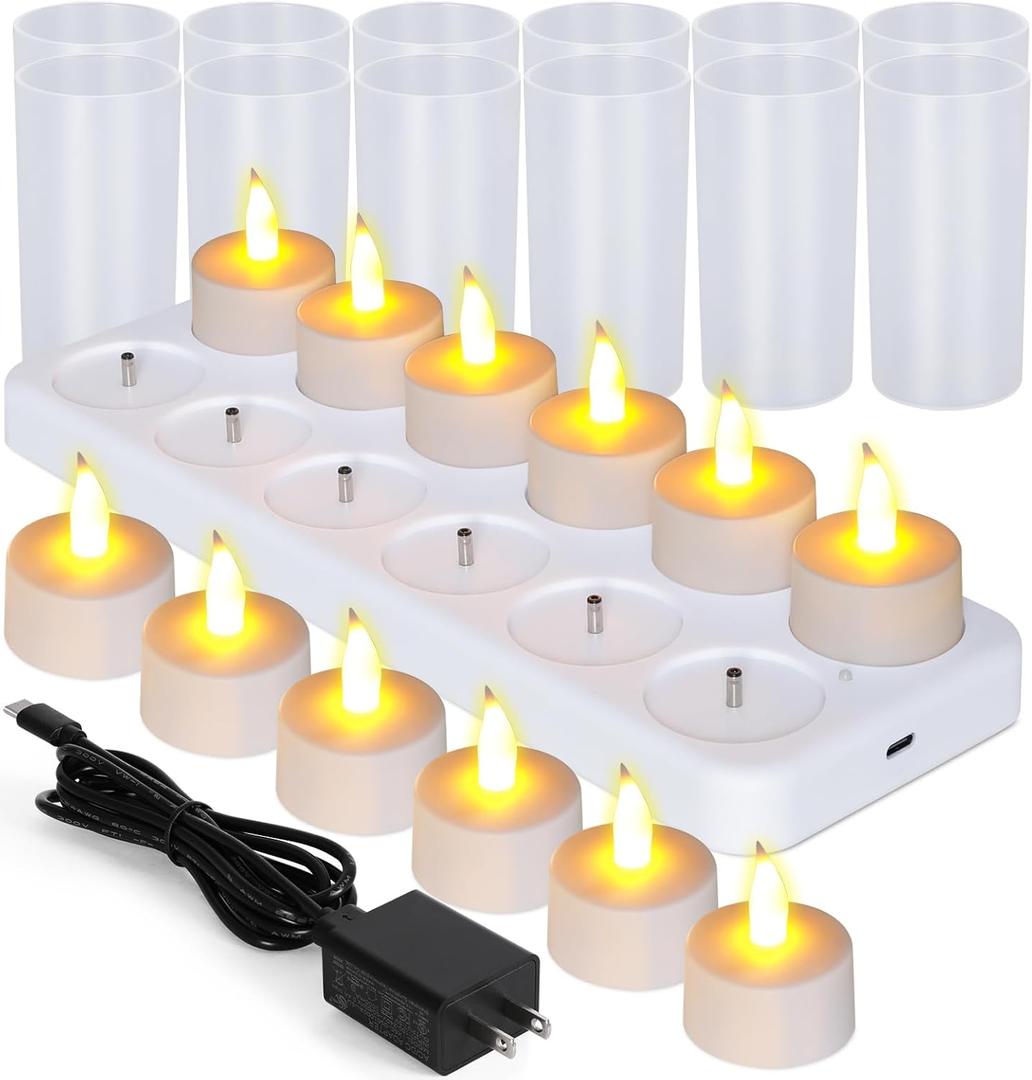 Esup Rechargeable Candles Flameless Flickering Candles Tealights 12pcs/Set with White Base, Decoration Parties, Weddings, Bar, Family, Dinner Outdoor Picnic