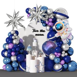 Amandir139pcs Space Balloon Garland Arch Kit Outer Space Birthday Decorations with Blue Purple Silver Galaxy Astronaut Foil Balloons for Boys Themed Birthday Party Decoration Supplies