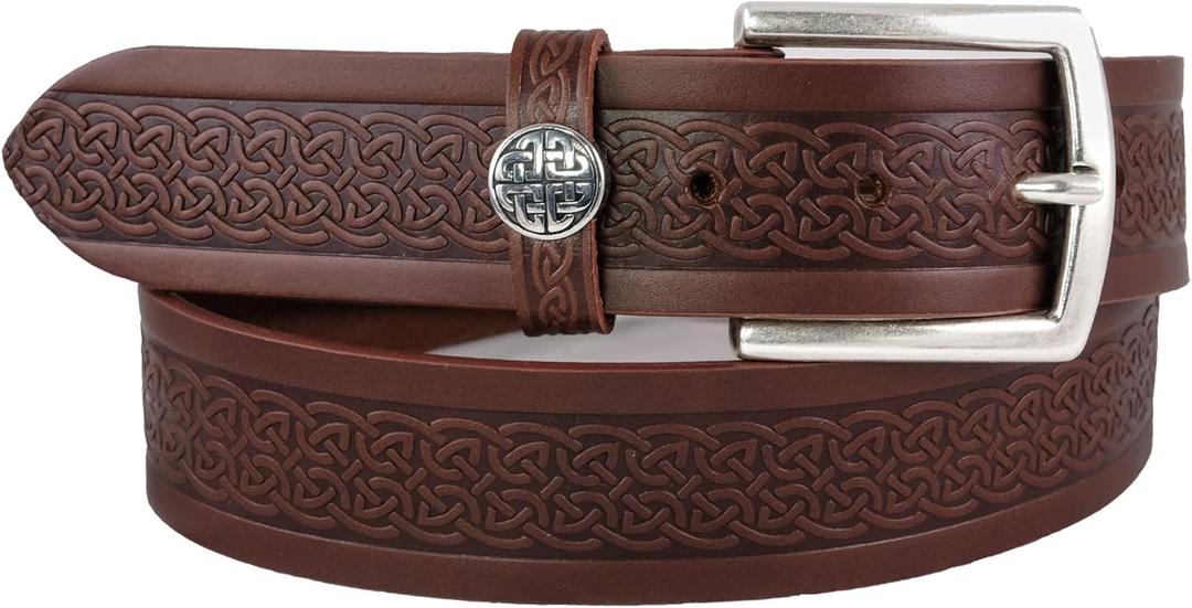 Imported Genuine Leather Belt for Men Italian Full Grain Vegetable Tanned with Celtic Weave Embossing, Made in Ireland (40-42, Brown)