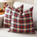 Vintage Christmas Decor Brown Tartan Plaid Pillow Covers 18x18 Set of 2, Cottage Primitive Christmas Decor Farmhouse Throw Pillows 18 x 18, Outdoor Porch Pillows Both for Fall and Winter Holidays