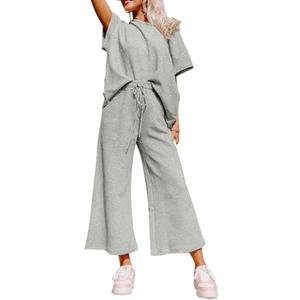 SHEWIN Women's Two 2 Piece Outfits Sweatsuit Lounge Sets for Women Short Sleeve Pullover Tops Casual Loose Pants Comfy Pajamas Tracksuit Set Fall Clothes for Women 2025 Grey S