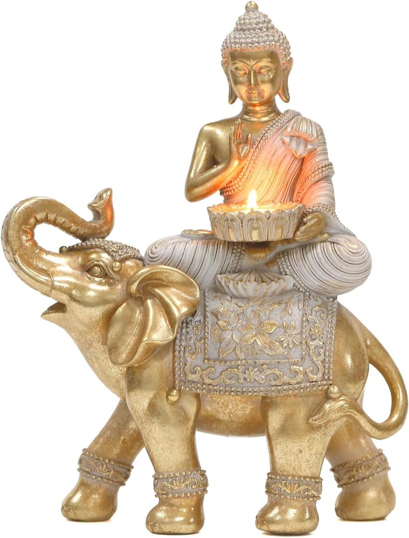 Buddha Statue for Home Decor Gold Candle Holder 11.5-Elephant Buddha Statues for Zen Decor - Spiritual Buddha Decor for Living Room-BudaBuddaBuddha Gift for Relaxation, Meditation or Shrine