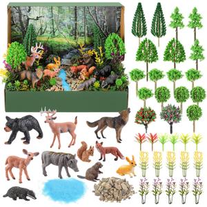 Teyva Daily 48 Pcs Forest Diorama Kit Habitat Project Box Set Forests Diorama Supplies Include Woodland Animal Model Figures Artificial Trees Fake Rocks with Cardboard for DIY Crafts Gifts