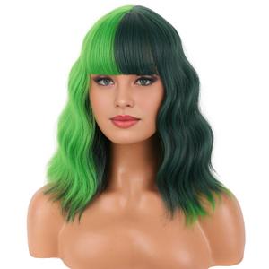 BERON 14 Inches Mix Green Wig with Bangs Short Curly Wig Dark Green Mix Light Green Curly Wigs for Women Daily Party or Cosplay Hairnet Include