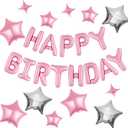 CANREVEL Happy Birthday Banner 13pcs 16 Inch Mylar Foil Letters with 12pcs Star Balloons Birthday Party Decorations for Kids and Adults - 3D Pink