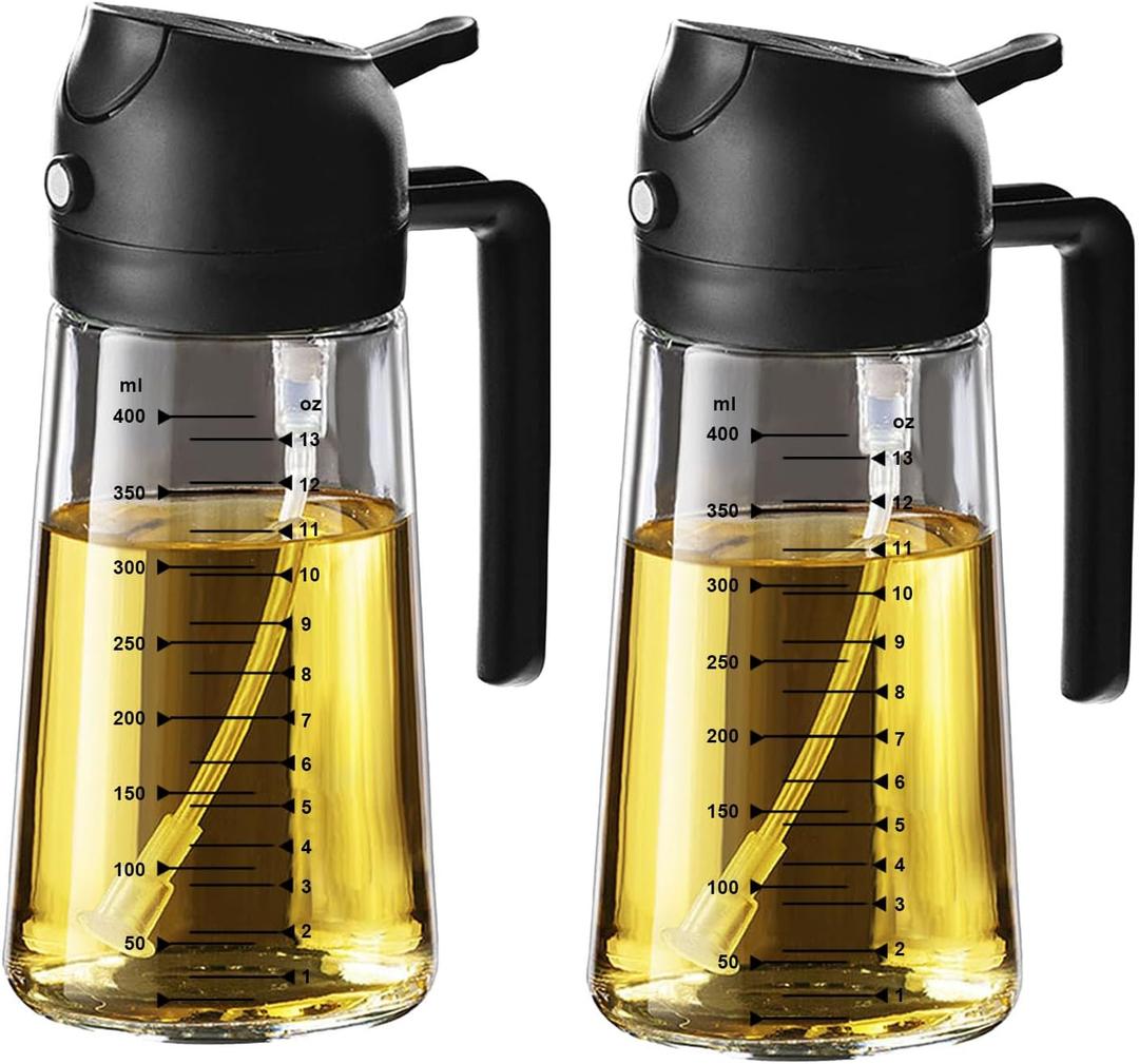 TrendPlain 16oz/470ml Glass Olive Oil Sprayer for Cooking  2 in 1 Olive Oil Dispenser Bottle for Kitchen Gadgets and Air Fryer Accessories, Salad, BBQ - 2 Black