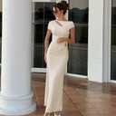 MEALIYA Women Sexy Backless Maxi Dress Cap Sleeve Hollow Out Crew Neck Solid Slim Fit Long Dresses with Gold Clasp (M)