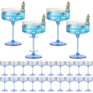 24 PCS Plastic Champagne Coupe Cup Ocean Blue Ribbed Coupe Glasses 10oz Detachable Gold Rim Espresso Martini Glass Vintage Margarita Glassware Cocktail Glass Set for Baby Shower Hanukkah