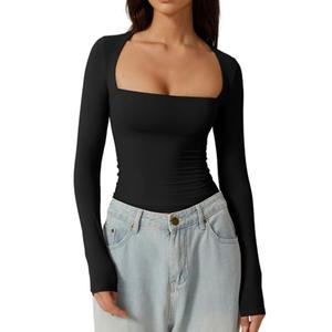 Women's Square Neck T Shirt Slim Fit Long Sleeve Going Out Tops Stretchy Basic Tees Black S