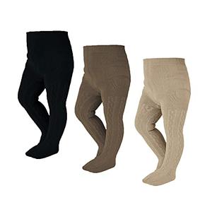 EPEIUS Baby Tights Infant Girls Cable Knit Tights Solid Cotton Stockings Seamless Footed Leggings Pantyhose 6-12 Months,Black/Brown/Khiki (Pack of 3)
