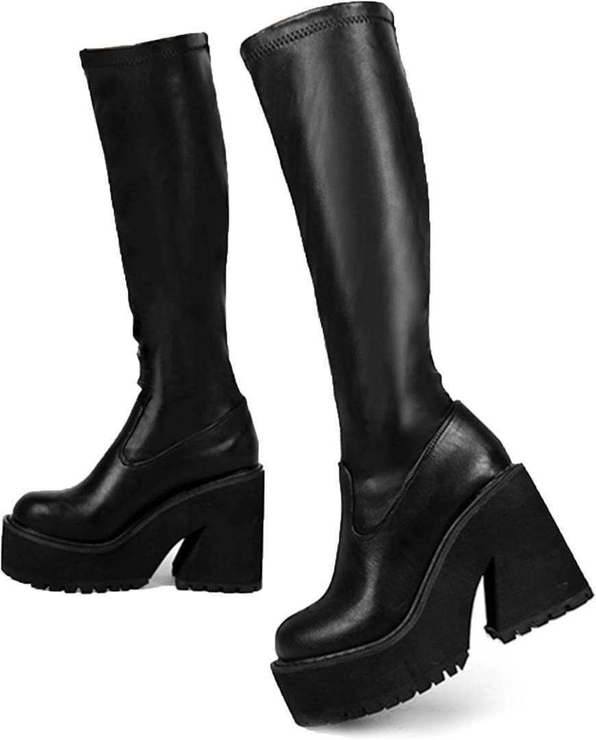 AMINUGAL Womens Elastic Knee High Platform Chunky Block High Heel Sock Boots Zipper Round Toe Fashion Motorcycle Combat Punk Boots For Women, Size 8 (Black)