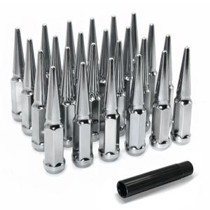 M12X1.5 Chrome Silver Wheel Spike Lug Nuts, 24 PCS Lug Nut Wheel Accessories with 1 Socket Key, Thread Spiked 4.4" Long Closed End Nuts Compatible with Camry Accord Impala