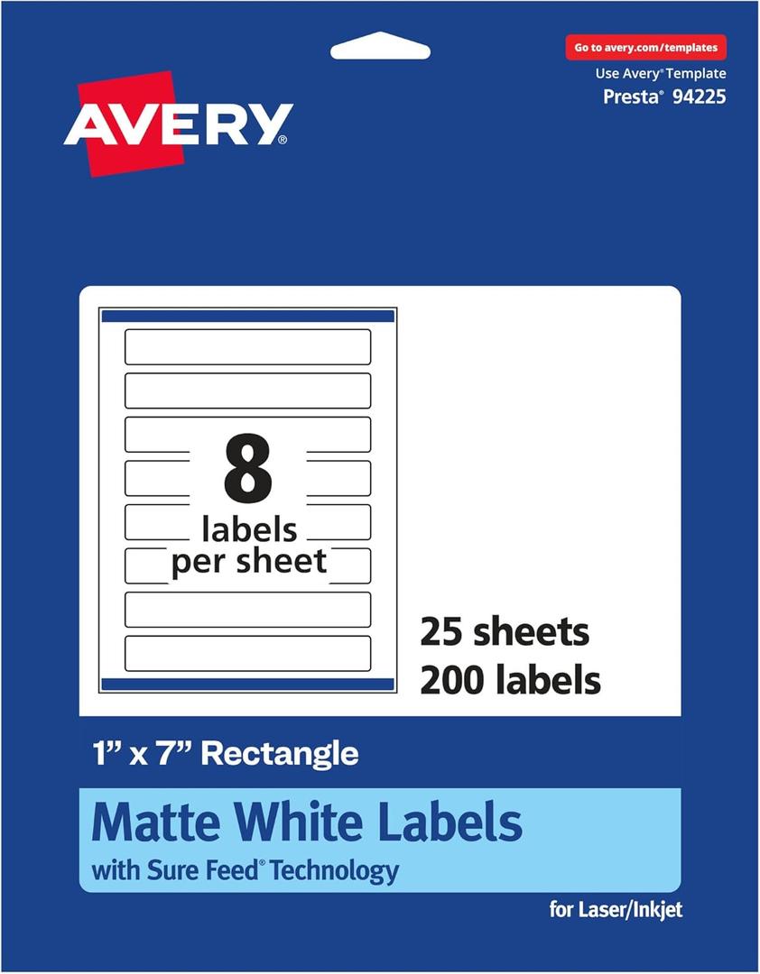 Avery Matte White Rectangle Labels, Sure Feed Technology, 1" x 7", 200 Matte White Printable Labels