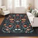 GarveeHome Washable Rug 8x10 Area Rugs for Living Room, Floral Rug for Bedroom, Soft Vintage Non Slip Throw Rugs with Rubber Back, Low Pile Stain Resistant Boho Floral Carpet for Dining Room, Black