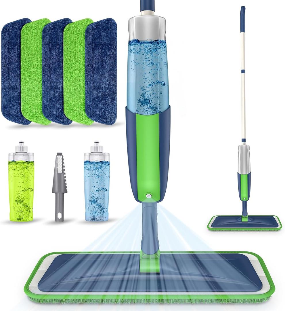 Spray Wet Mops for Hardwood Floor Cleaning: MEXERRIS Floor Mop with 5 Washable Pads for Swiffer Powermop & 2 Refillable Bottles - Home Commercial Dust Dry Mops for Wood Laminate Vinyl Tiles Ceramic (Green)