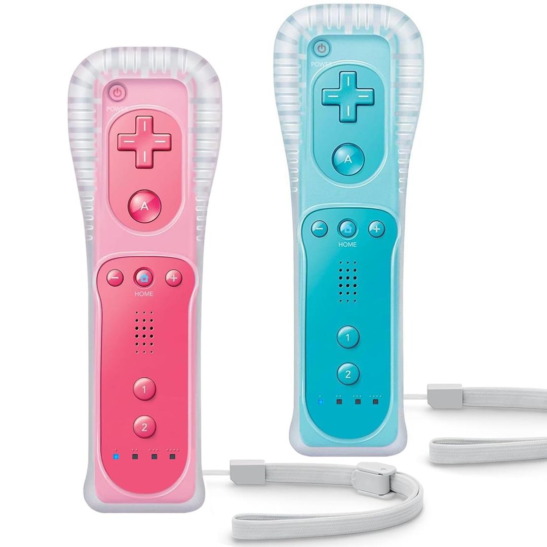 TIANHOO Remote Controller for Wii & Wii U, with Silicone Case and Wrist Strap, 2 pack (Pink & Blue)
