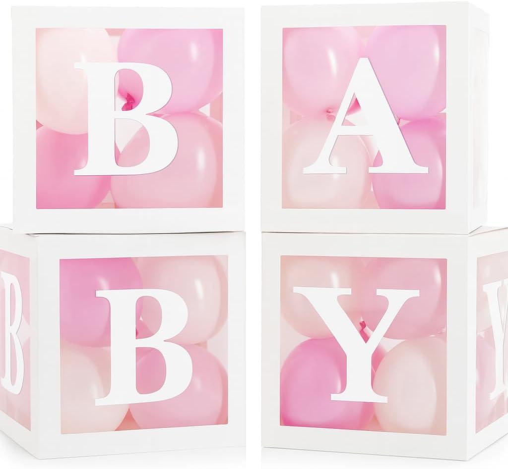 44-Piece Baby Shower Decorations for Boy or Girl - 4 Boxes with Letters and 32 Balloons - Classic White and Pink - Gender Reveal Party Supplies - Photo Shoot Backdrop Prop