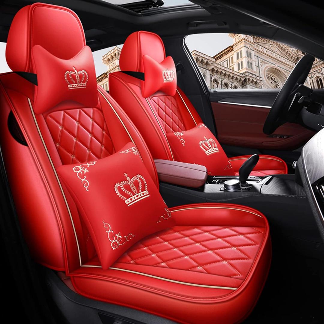Crown Car Seat Covers Full Set, Premium Leather Waterproof Anti-Slip Automotive Interior Protector for Cars, SUVs, Pickup, Trucks & Sedans (Red+Beige Line)
