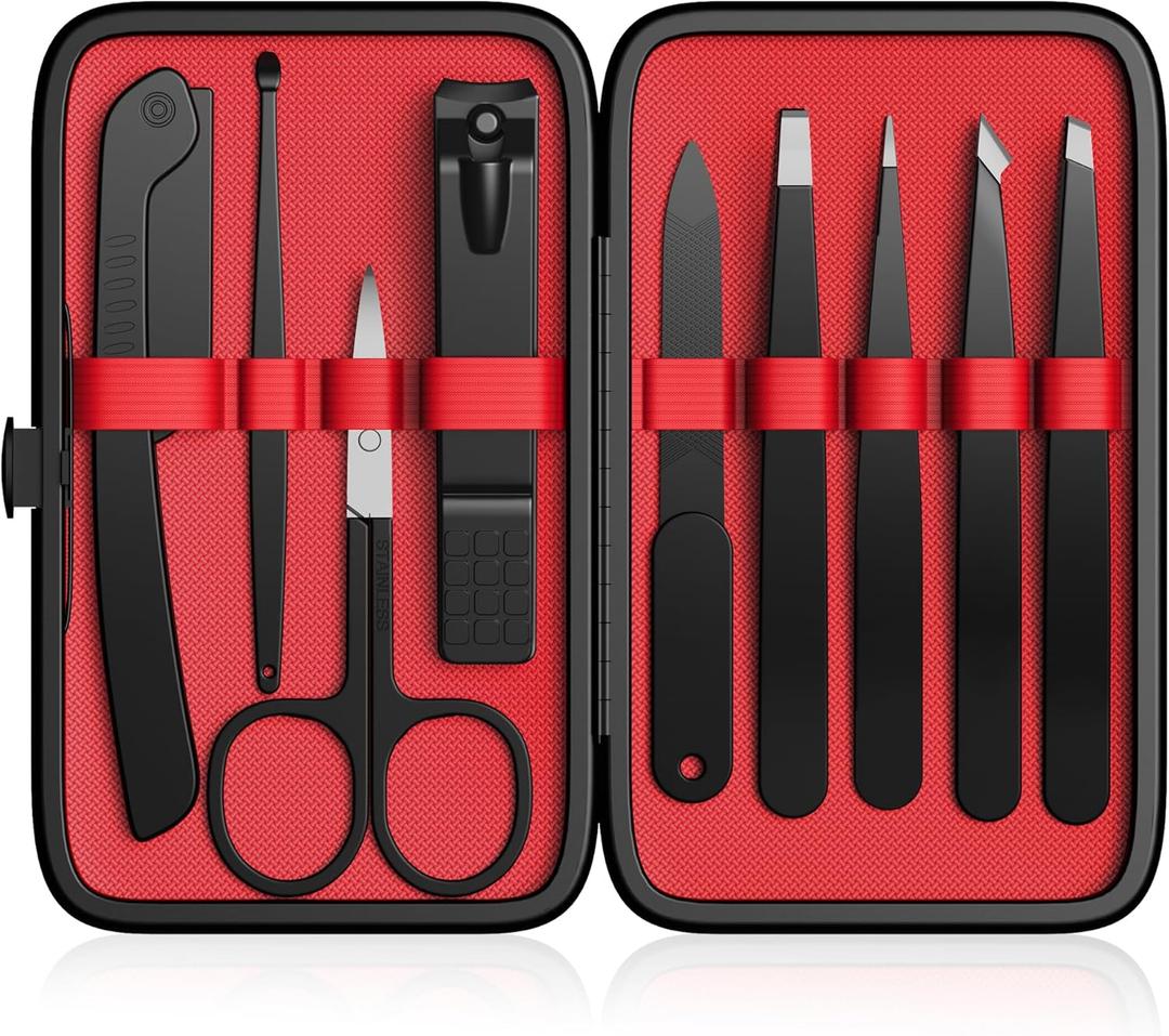 Yougai Tweezers Set,9 Pcs Professional Stainless Steel Tweezer Kit-Great Precision Eyebrow Tweezers for Ingrown Facial Hair with Leather Travel Case as Stocking Stuffing Gifts (Black and Red-01)