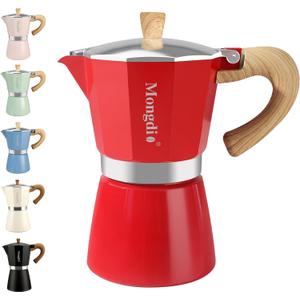 Mongdio Stovetop Espresso Maker Moka Pot, Cuban Coffee Maker Stove top coffee maker Moka Italian Espresso Greca Coffee Maker Brewer Percolator, 6 Espresso Cups, 10 oz - Red