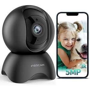 FOSCAM 3K Security Camera Indoor, 360° PTZ Baby & Pet Monitoring for Home Security, 5MP Night Vision, Human/Pet Auto Tracking, Motion & Sound Alerts, 2-Way Audio, 2.4GHz Wi-Fi (R5 Black)