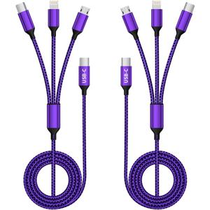 USB C Multi Charging Cable, (2 Pack 4FT), 3 in 1 Charging Cable Nylon Braided Universal Charger Cable with Type-C, Micro USB,IP Port for iPhone16/15 Series/Cell Phones & Pads and Other Devices-Purple