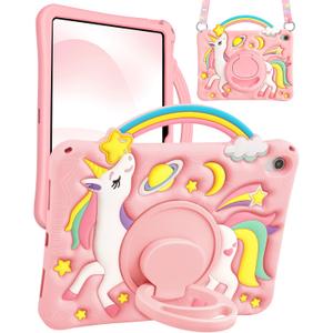 Boaretiu for iPad A16 Case/10th Generation Case - Girls Teens Cute Cartoon Rainbow Unicorn 10.9 Inch 2022 Tablet Cover with Strap & Rotating Stand Soft 3D Silicone Funda for iPad 11th 11 Inch 2025