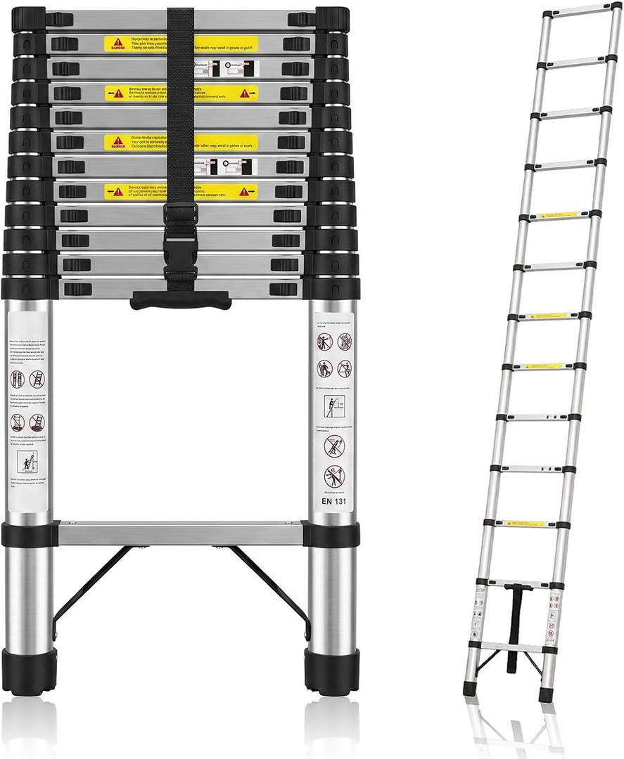 12FT Telescoping Stainless Steel Anti-Wobble Extension Ladder, 330lbs Heavy Duty Collapsible Ladder, One-Button Slow Retraction Portable Folding Ladder for Home, Attic, RV