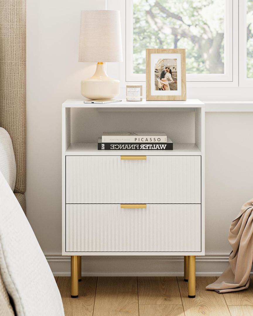 Night Stand,25.7" H Bedside Table with 2-Drawer Shelf,Morden Nightstand with Gold Frame,Fluted Side Table with Gold Frame,End Table for Bedroom,Living Room
